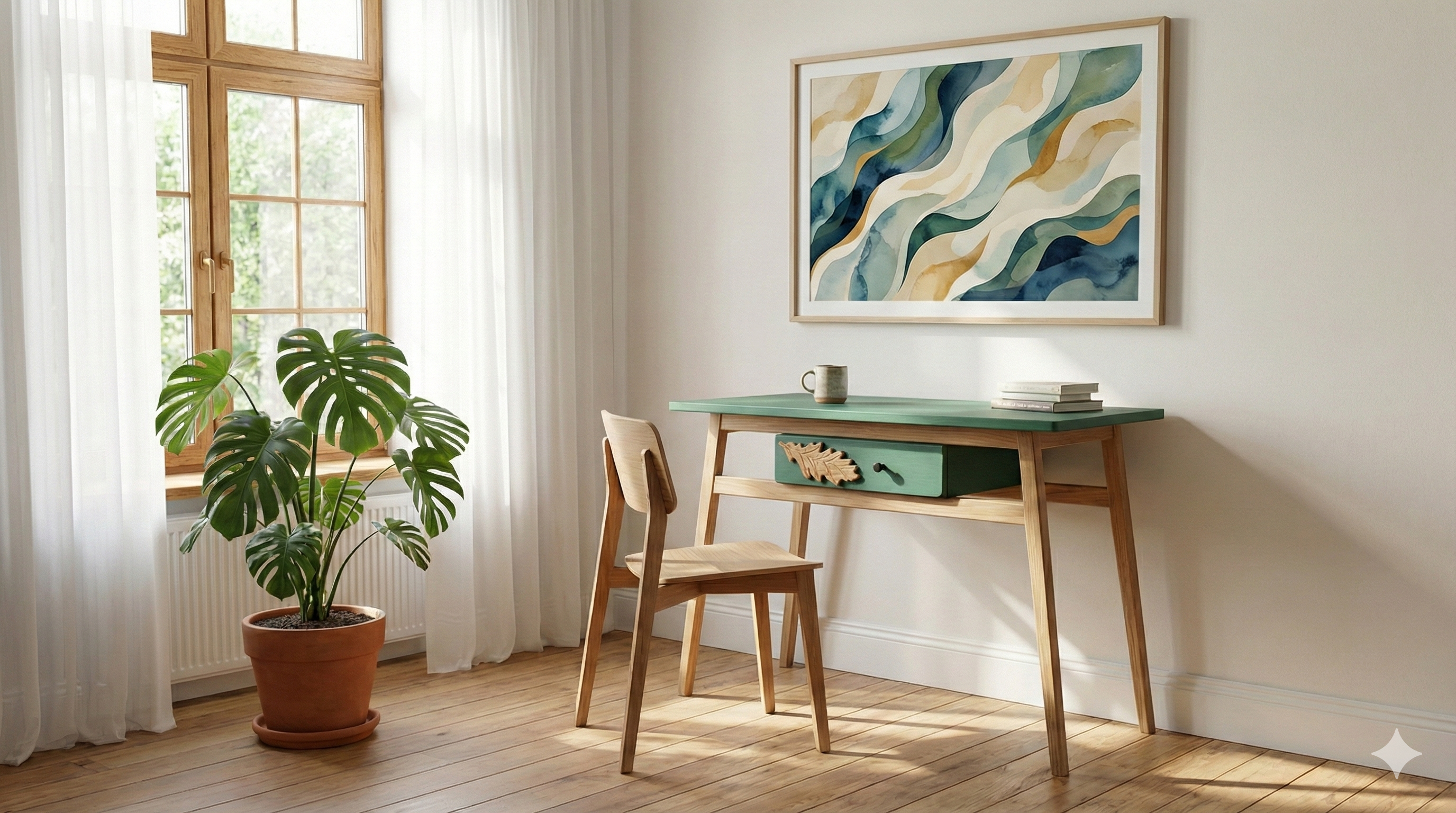 Green Valchromat Table with Hand Cut Oak Leaf Design